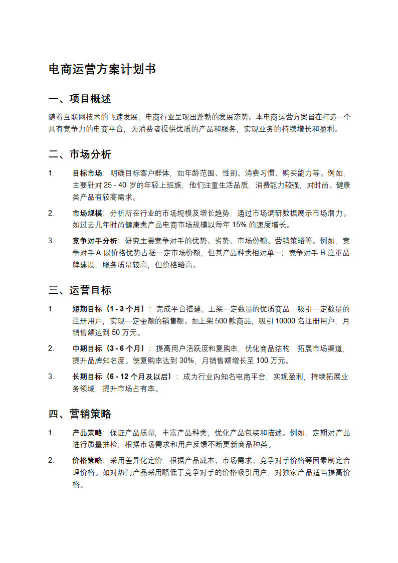 电商运营方案计划书