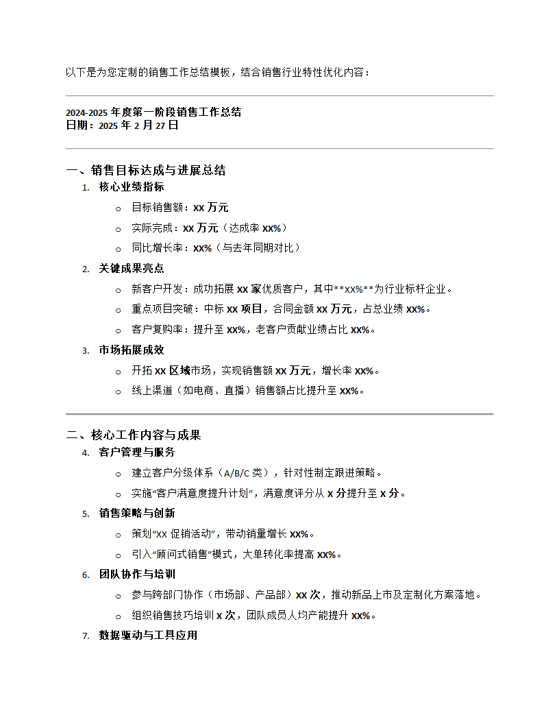 销售工作总结模版