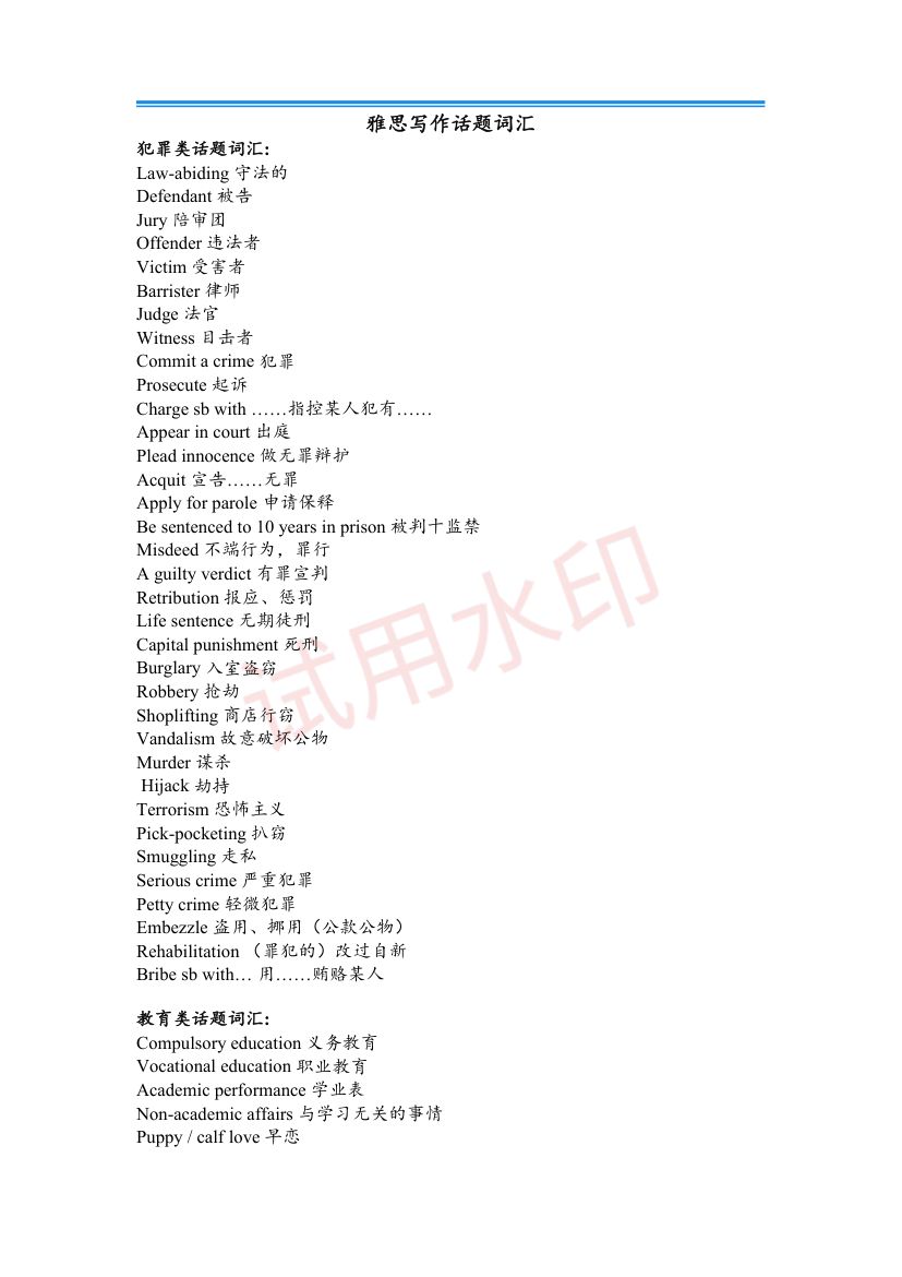 雅思写作话题词汇