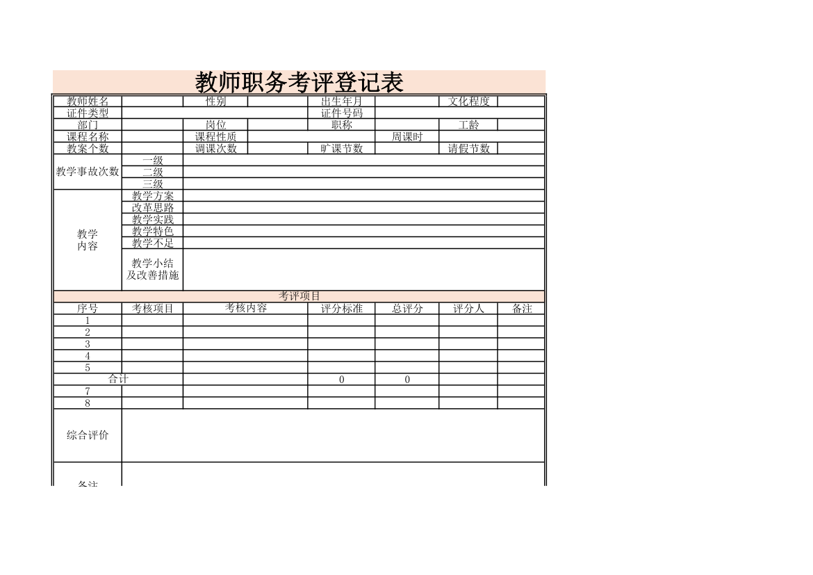 教师职务考评登记表