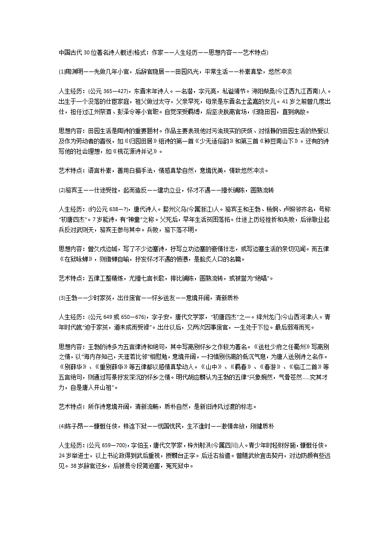 中国古代30位著名诗人概述