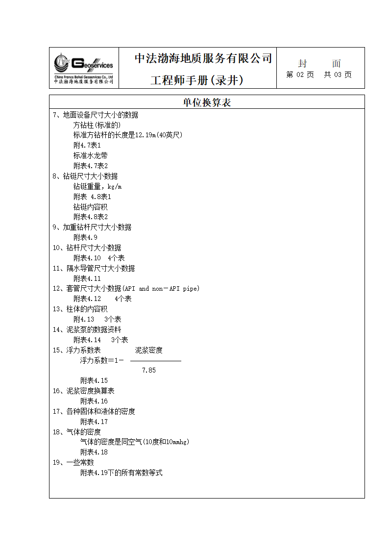 中法渤海地质公司工程师单位换算手册第2页