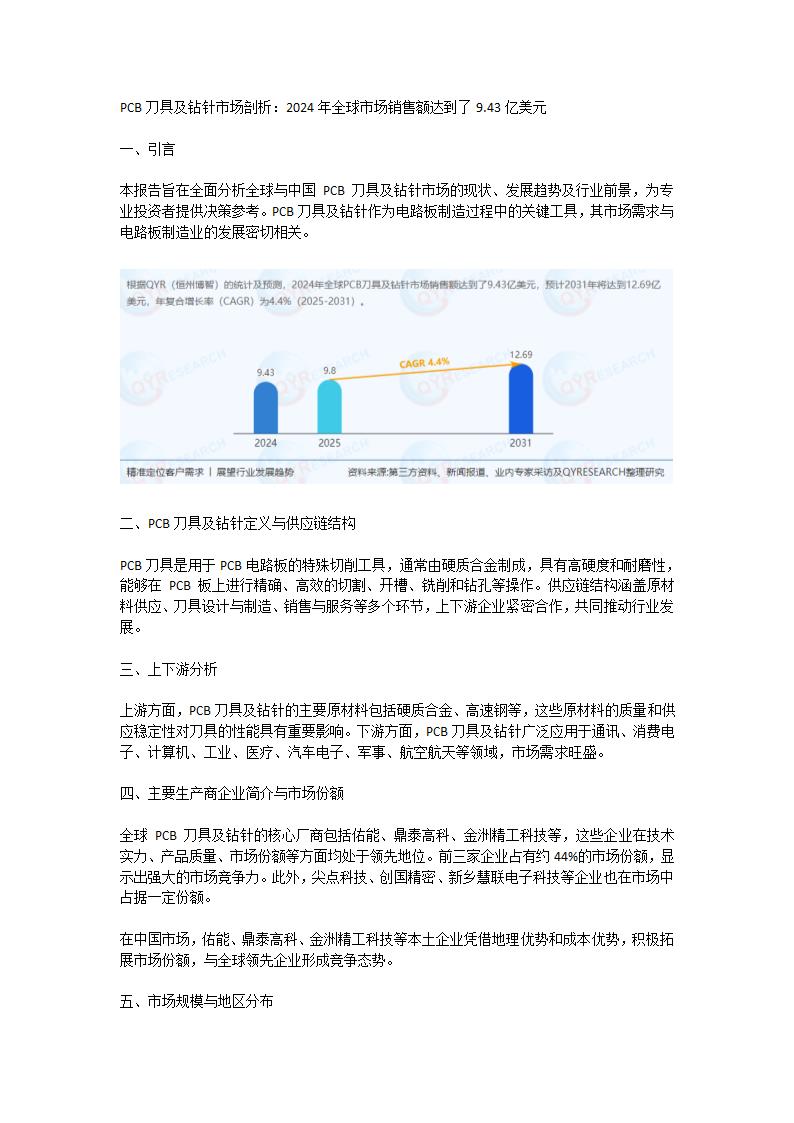 PCB刀具及钻针市场剖析