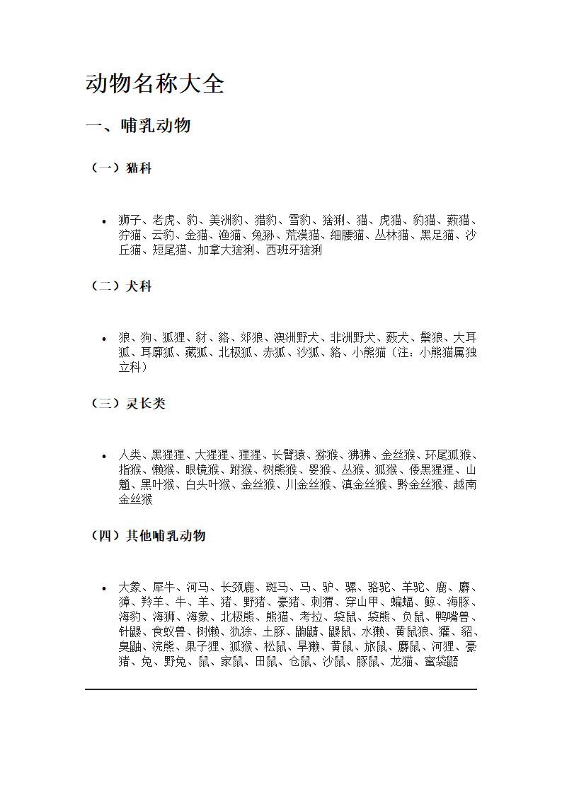 动物名称大全第1页