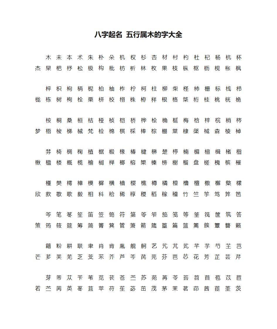 八字起名 五行属木的字大全