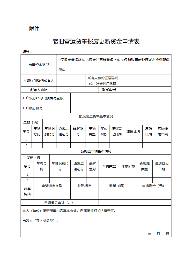 老旧营运货车报废更新资金申请表