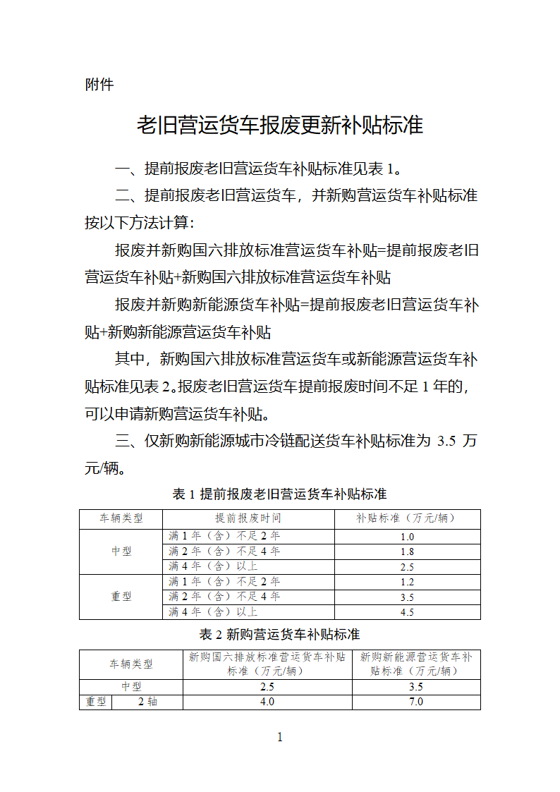 老旧营运货车报废更新补贴标准