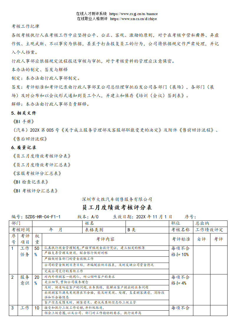 汽车销售服务公司绩效考核管理规定第6页