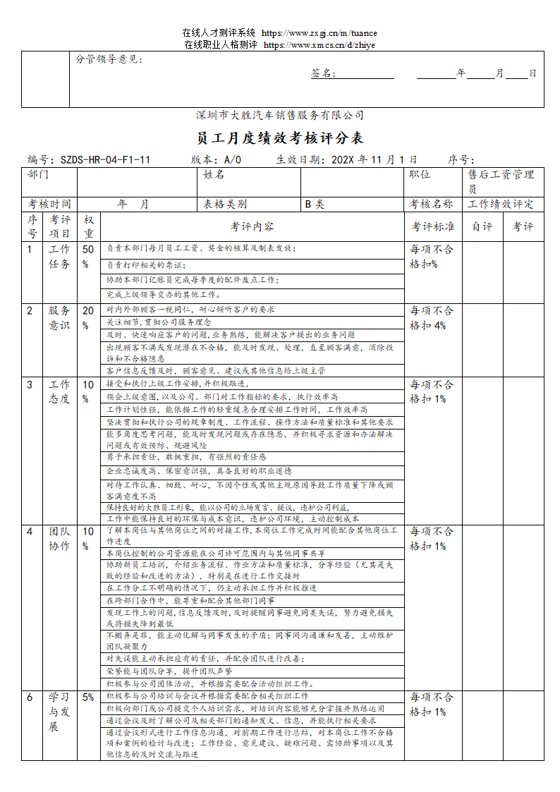 汽车销售服务公司绩效考核管理规定第20页