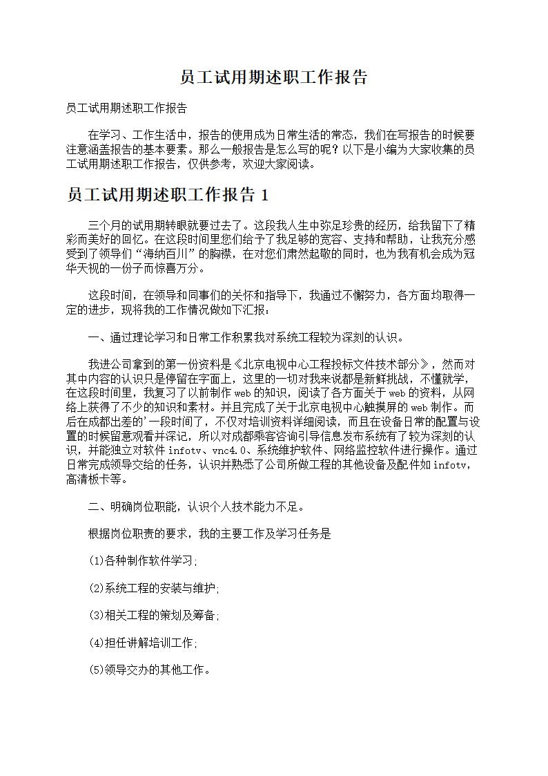 员工试用期述职工作报告第1页