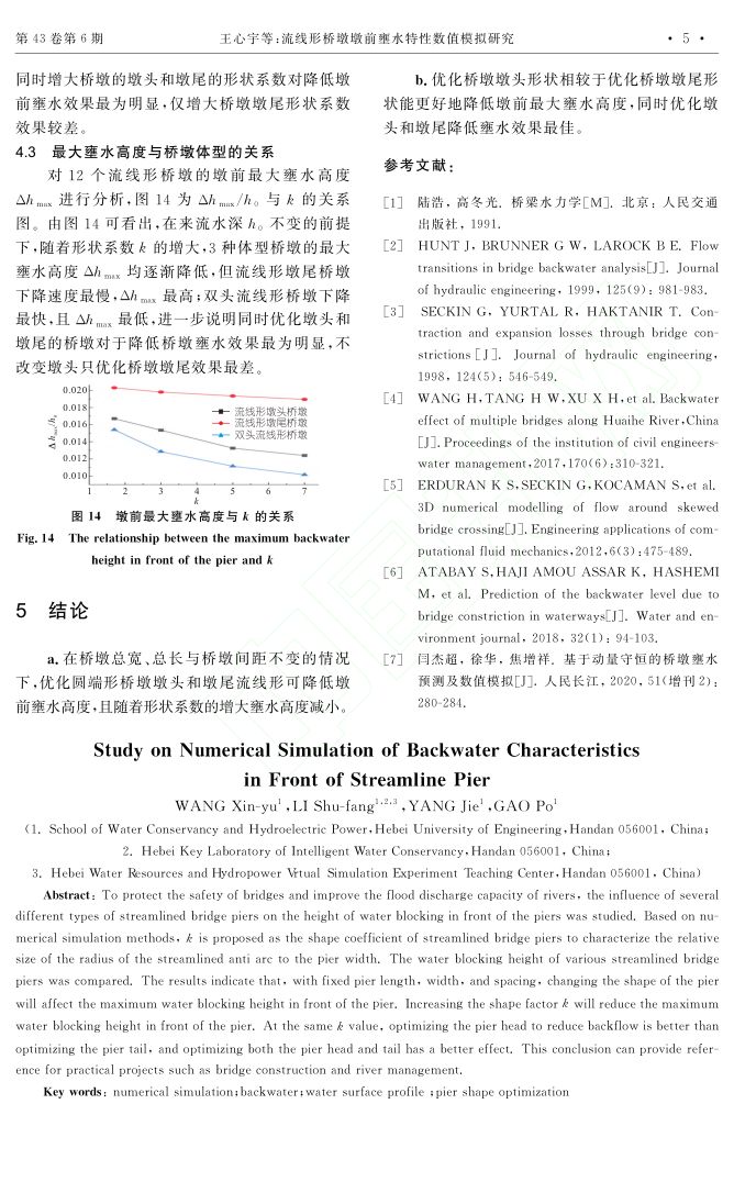 流线形桥墩墩前壅水特性数值模拟研究第5页