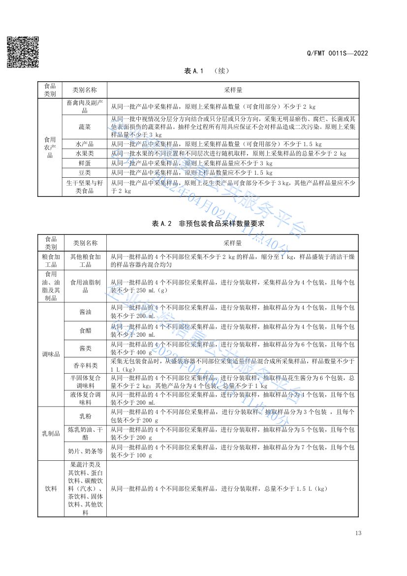 食品及其加工环境采样通则QFMT0011S-2022第17页