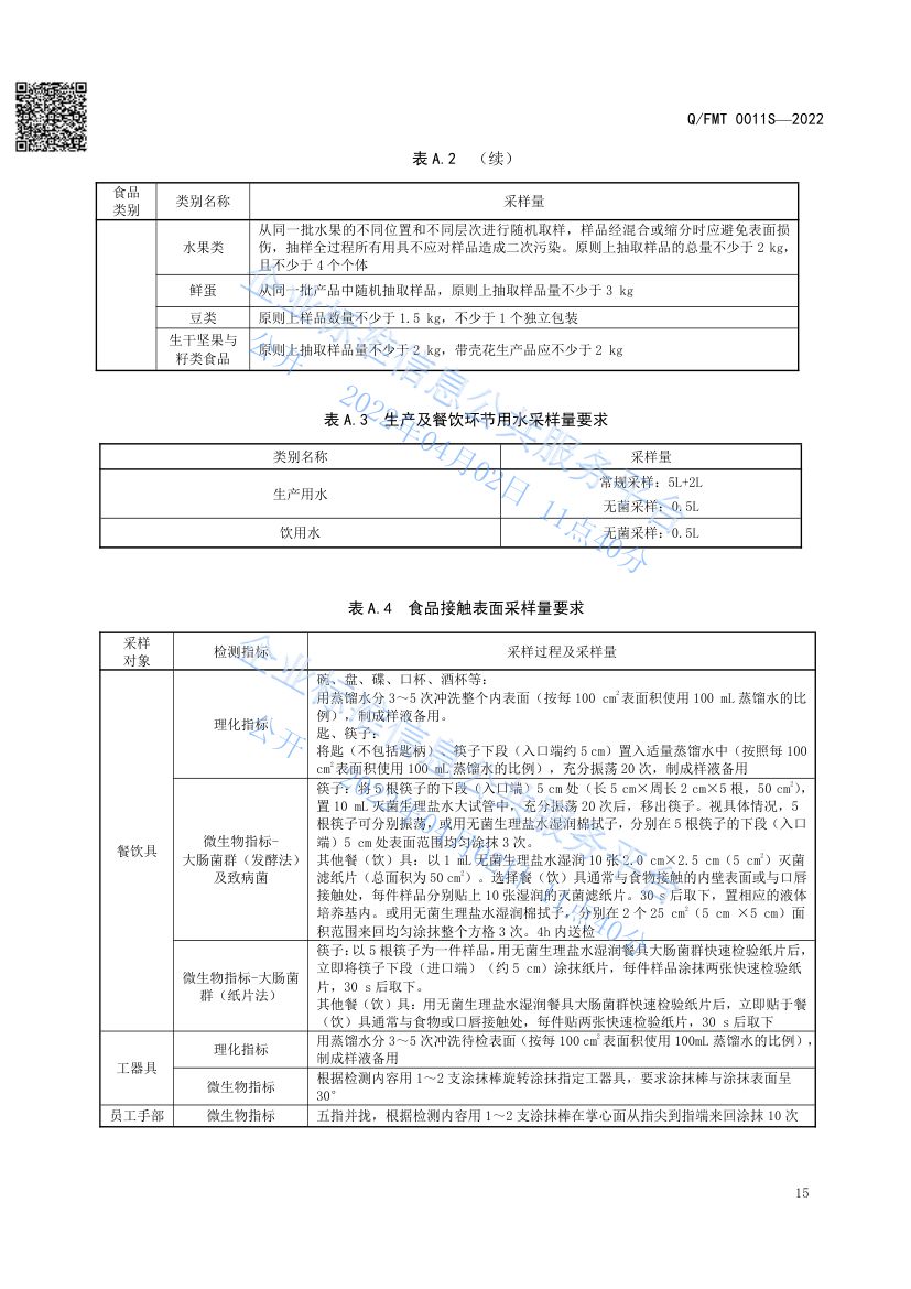 食品及其加工环境采样通则QFMT0011S-2022第19页