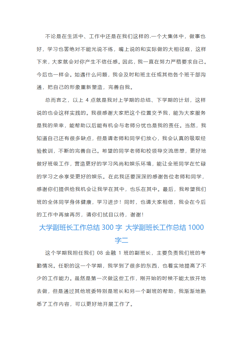 大学副班长工作总结1000字第2页