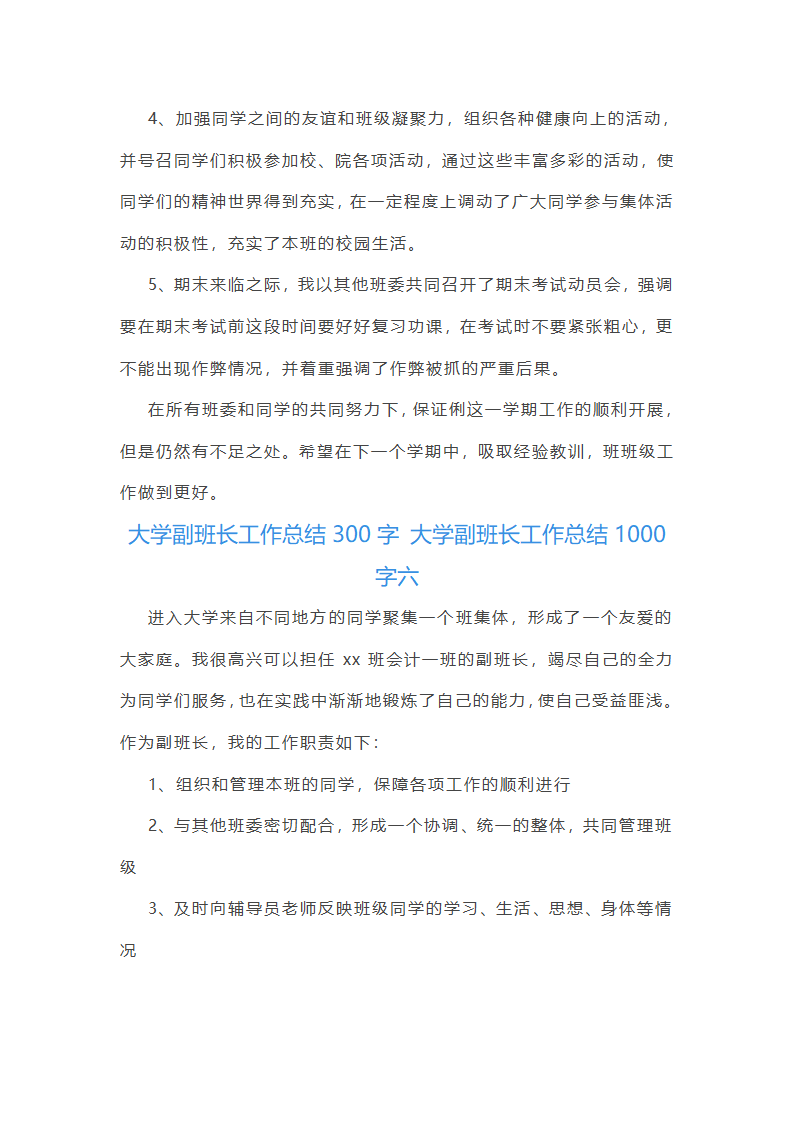 大学副班长工作总结1000字第11页