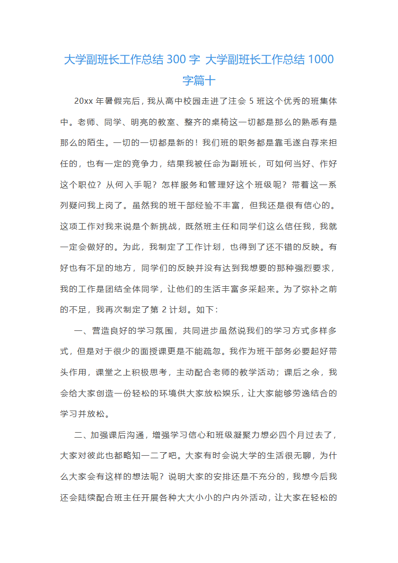 大学副班长工作总结1000字第22页