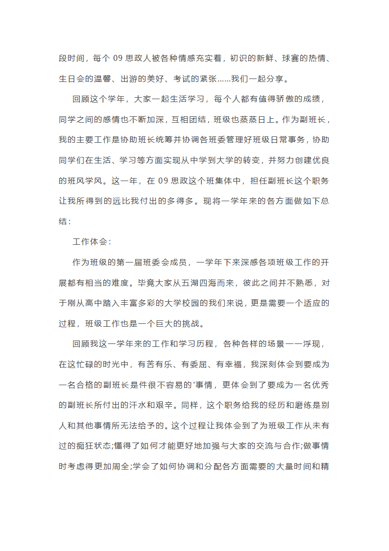 大学副班长工作总结1000字第26页