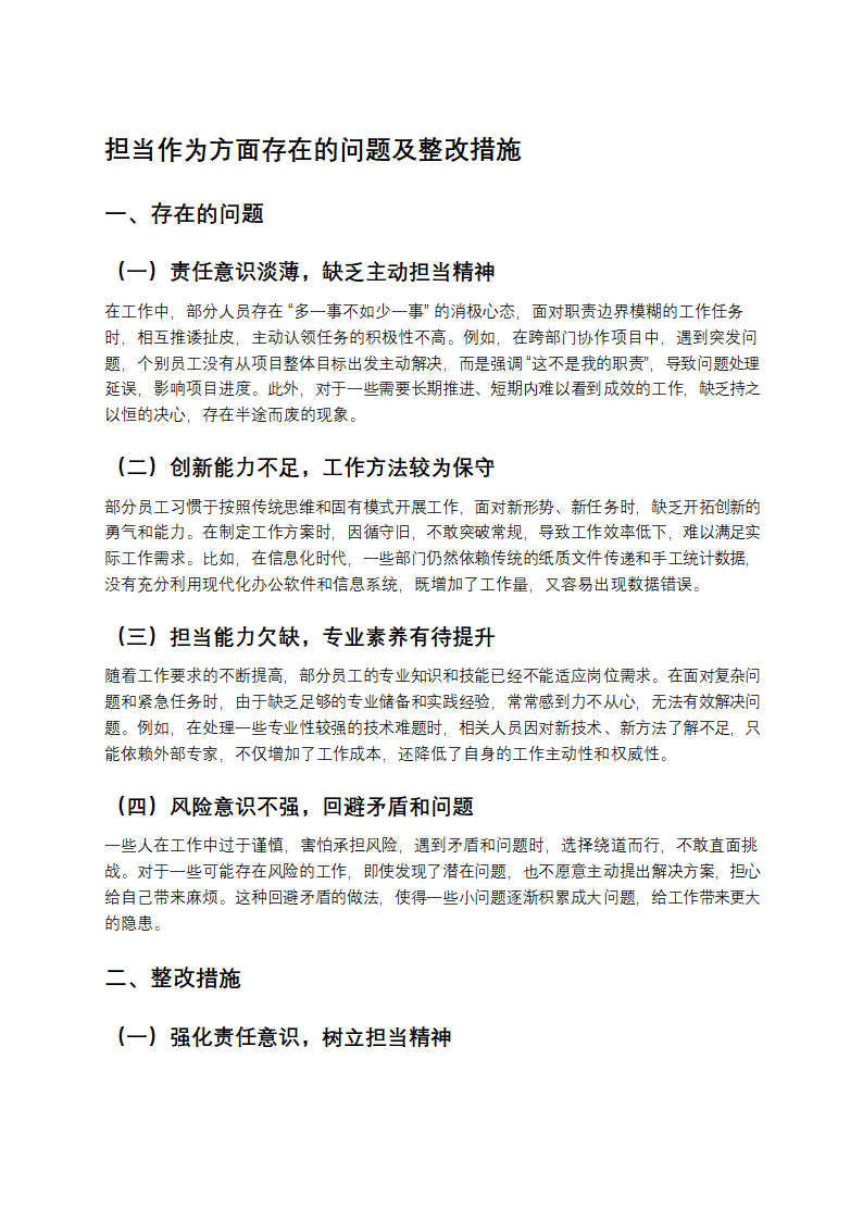 担当作为方面存在的问题及整改措施