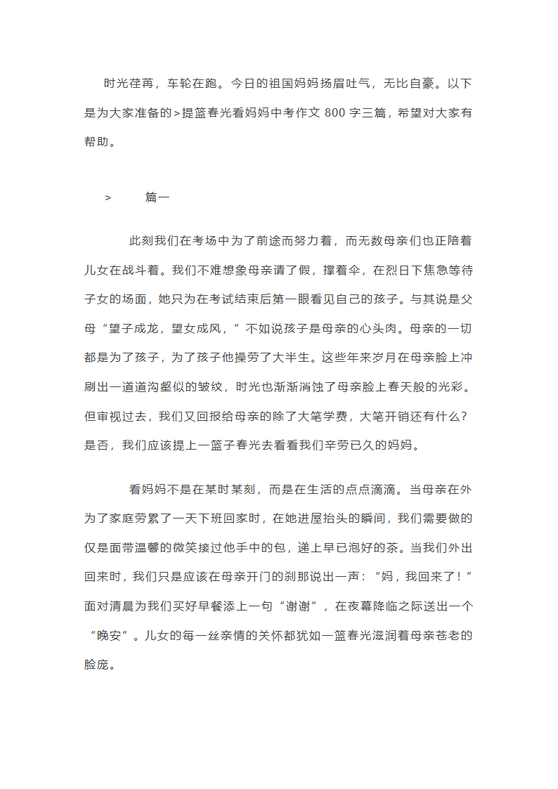 提篮春光看妈妈中考作文800字三篇