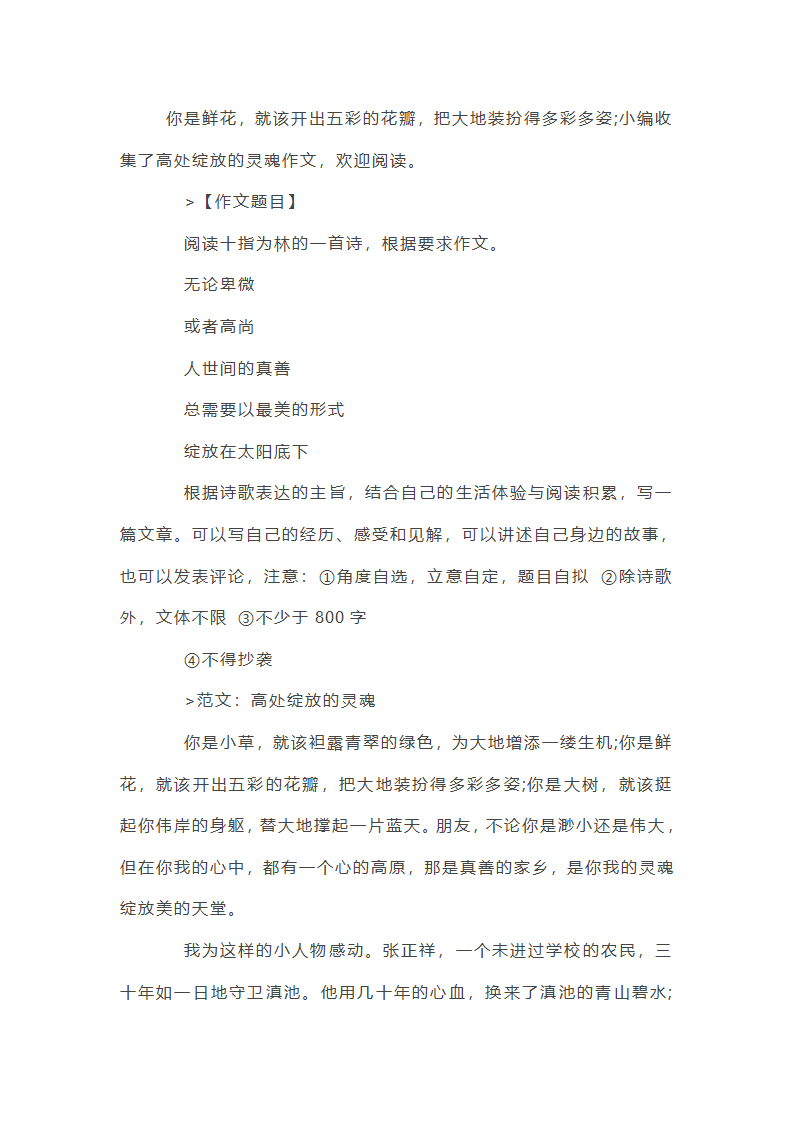 往届高考作文真题：高处绽放的灵魂