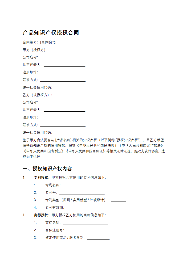 产品知识产权授权合同