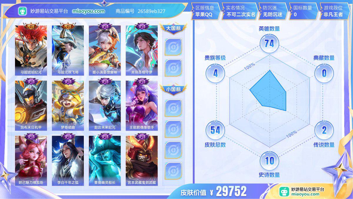 传说2 史诗10 限定17 英雄74 皮肤54  稀有英雄4 贵族4级 皮肤价值:29752  
【传说皮肤2】 马超琥珀纪元 马超无双飞将
【史诗皮肤10】 姬小满妄想食味 关羽百相守梦 吕布末日机甲 梦奇顽趣 赵云未来纪元 王昭君偶像歌手 妲己魅力维加斯 李白千年之狐 曹操幽灵船长 宫本武藏鬼剑武藏
【内测皮肤1】 姬小满妄想食味
【限定皮肤17】 姬小满妄想食味 马超琥珀纪元 鬼谷子天穹祈灯 张良古海寻踪 鲁班大师探海日志 关羽百相守梦 裴擒虎擒涛扼浪 梦奇顽趣 桑启海盐诗旅 李元