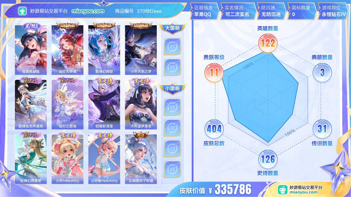 无双1 典藏3 星元9 传说31 史诗126 限定141 英雄122 皮肤404  稀有英雄9 贵族无双级 皮肤价值:335786  
【无双皮肤1】 瑶真我赫兹
【荣耀典藏3】 瑶拾光映像 貂蝉幻阙歌 小乔天鹅之梦
【星元皮肤9】 貂蝉金色仲夏夜 瑶时之愿境 铠暗影涅星 大乔温梦星夜 貂蝉幻舞叠翠 大乔云朵天使 小乔HelloKitty 公孙离HelloKitty 大乔邻家女孩
【传说皮肤31】 女娲愿照千秋盛 云缨幻光神枪 桑启鸣野蒿 宫本武藏地狱之眼 貂蝉猫影幻舞 铠绛天战甲 艾琳