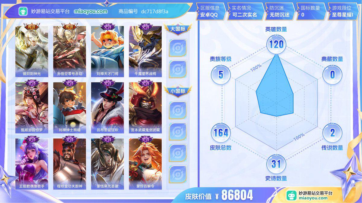 传说2 史诗31 限定46 英雄120 皮肤164  稀有英雄8 贵族5级 皮肤价值:86804  
【传说皮肤2】 镜炽阳神光 孙悟空零号赤焰
【史诗皮肤31】 刘禅天才门将 牛魔星界战将 甄姬游园惊梦 刘禅绅士熊喵 吕布圣诞狂欢 宫本武藏鬼剑武藏 王昭君偶像歌手 程咬金功夫厨神 蒙恬荣光圣徽 蒙犽百解令 阿古朵江河有灵 甄姬冰雪圆舞曲 花木兰水晶猎龙者 百里玄策原初追逐者 孙策猫狗日记 梦奇顽趣 雅典娜黎明之约 鬼谷子五谷丰年 孙尚香水果甜心 澜赏金猎手 赵云皇家上将 孙尚香蔷薇恋人 墨