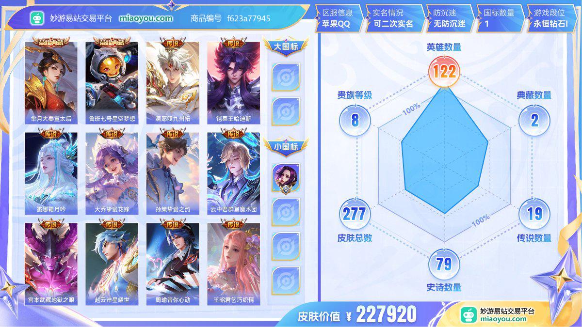 典藏2 传说19 史诗79 限定77 英雄122 皮肤277  稀有英雄9 贵族8级 皮肤价值:227920  
【大国标0】
【小国标1】 国服芈月
【荣耀典藏2】 芈月大秦宣太后 鲁班七号星空梦想
【传说皮肤19】 澜愿照九州拓 铠冥王哈迪斯 露娜霜月吟 大乔挚爱花嫁 孙策挚爱之约 云中君群星魔术团 宫本武藏地狱之眼 赵云淬星耀世 周瑜音你心动 王昭君乞巧织情 貂蝉仲夏夜之梦 小乔音你心动 镜炽阳神光 虞姬启明星使 狄仁杰超时空战士 孙尚香末日机甲 孙悟空地狱火 后羿黄金射手座 孙尚