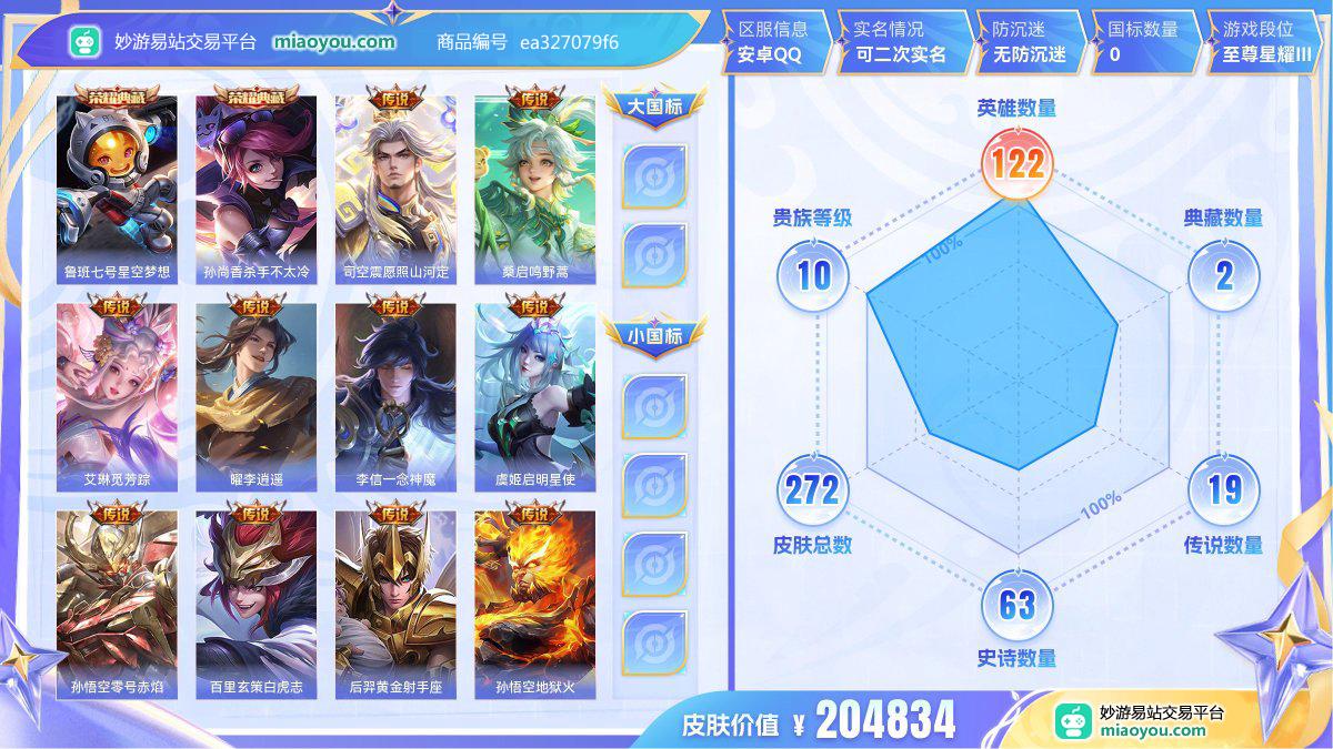 典藏2 传说19 史诗63 限定65 英雄122 皮肤272  稀有英雄9 贵族10级 皮肤价值:204834  
【荣耀典藏2】 鲁班七号星空梦想 孙尚香杀手不太冷
【传说皮肤19】 司空震愿照山河定 桑启鸣野蒿 艾琳觅芳踪 曜李逍遥 李信一念神魔 虞姬启明星使 孙悟空零号赤焰 百里玄策白虎志 后羿黄金射手座 孙悟空地狱火 狄仁杰超时空战士 吕布天魔缭乱 杨戬永曜之星 诸葛亮武陵仙君 武则天海洋之心 貂蝉仲夏夜之梦 李白凤求凰 宫本武藏地狱之眼 孙尚香末日机甲
【史诗皮肤63】 刘禅绅士