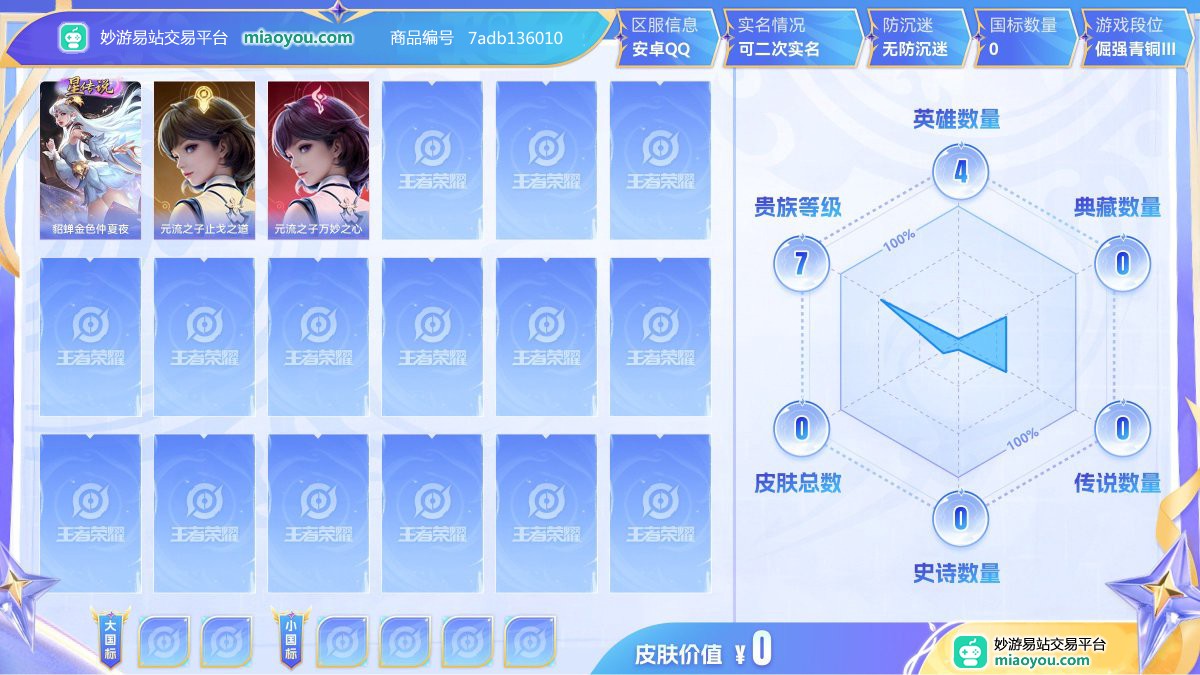 星元1 英雄4 皮肤0 贵族7级 皮肤价值:0  
【星元皮肤1】 貂蝉金色仲夏夜
【其他2】 元流之子止戈之道 元流之子万妙之心【513区】【可二次实名】【安卓QQ】【倔强青铜III】【国标拥有情况为卖家自主勾选，详情以真实验号为准】