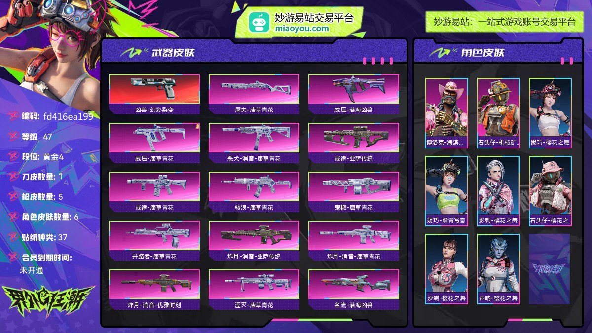 47级|黄金4，刀皮数量4，枪皮数量31（极致1典藏25），角色皮肤8（典藏2），贴纸种类37（典藏15）近战武器：速攻-潜海凶兽，游击-亚萨传统，游击-唐草青花，速攻-弹头；主武器：屠夫-唐草青花，威压-潜海凶兽，威压-唐草青花，恶犬-消音-唐草青花，戒律-亚萨传统，戒律-唐草青花，骇浪-唐草青花，鬼椒-唐草青花，开路者-唐草青花，炸月-消音-亚萨传统，炸月-消音-唐草青花，炸月-消音-优雅时刻，湮灭-唐草青花，名流-潜海凶兽，名流-亚萨传统，名流-唐草青花，威压-缤纷糖果，骇浪-电光四溅，骇