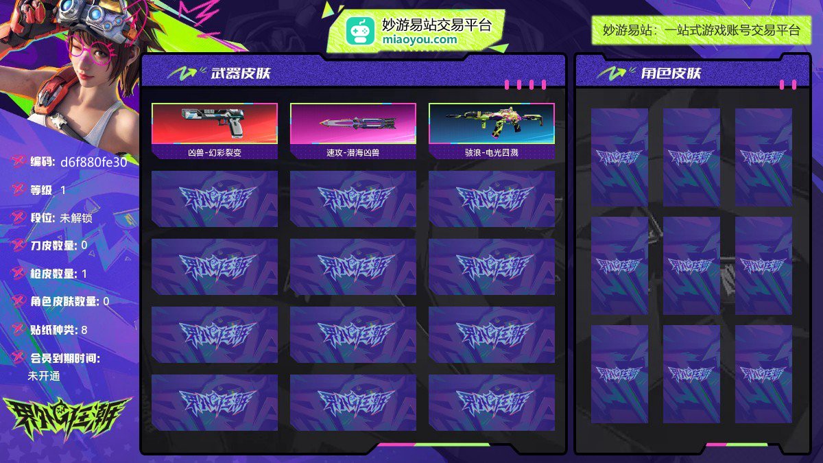1级|未解锁，刀皮数量1，枪皮数量2（极致1），贴纸种类8近战武器：速攻-潜海凶兽；主武器：骇浪-电光四溅；副武器：凶兽-幻彩裂变；贴纸：欢乐印记8；【网易邮箱】【官方截图】