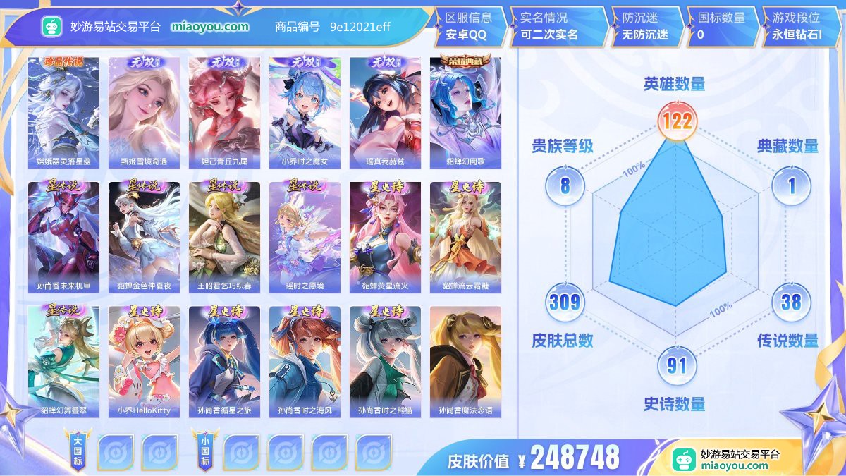 珍品传说1 无双4 典藏1 星元29 传说38 史诗91 限定105 英雄122 皮肤309  稀有英雄9 贵族8级 皮肤价值:248748  
【珍品传说1】 嫦娥器灵落星盏
【无双皮肤4】 甄姬雪境奇遇 妲己青丘九尾 小乔时之魔女 瑶真我赫兹
【荣耀典藏1】 貂蝉幻阙歌
【星元皮肤29】 孙尚香未来机甲 貂蝉金色仲夏夜 王昭君乞巧织春 瑶时之愿境 貂蝉荧星流火 貂蝉流云霜糖 貂蝉幻舞叠翠 小乔HelloKitty 小乔缤纷彩虹 孙尚香时光恋人 孙尚香循星之旅 孙尚香时之海风 孙尚香时
