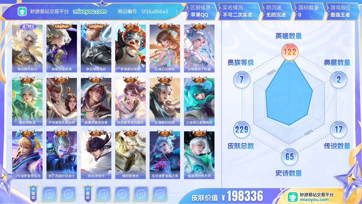 无双1 典藏2 传说17 史诗65 限定79 英雄122 皮肤229  稀有英雄9 贵族7级 皮肤价值:198336  
【无双皮肤1】 李白碎月剑心
【荣耀典藏2】 铠银白咏叹调 李白鸣剑曳影
【传说皮肤17】 梦奇胖达荣荣 云缨幻光神枪 女娲愿照千秋盛 桑启鸣野蒿 干将莫邪久胜战神 裴擒虎寅虎赤拳 孙尚香乘龙问璇玑 云缨鹤归松栖 上官婉儿妄想奇谈 马可波罗妄想实况 狄仁杰超时空战士 李白诗剑行 镜炽阳神光 马可波罗深海之息 诸葛亮时雨天司 伽罗太华 李白凤求凰
【史诗皮肤65】 王昭