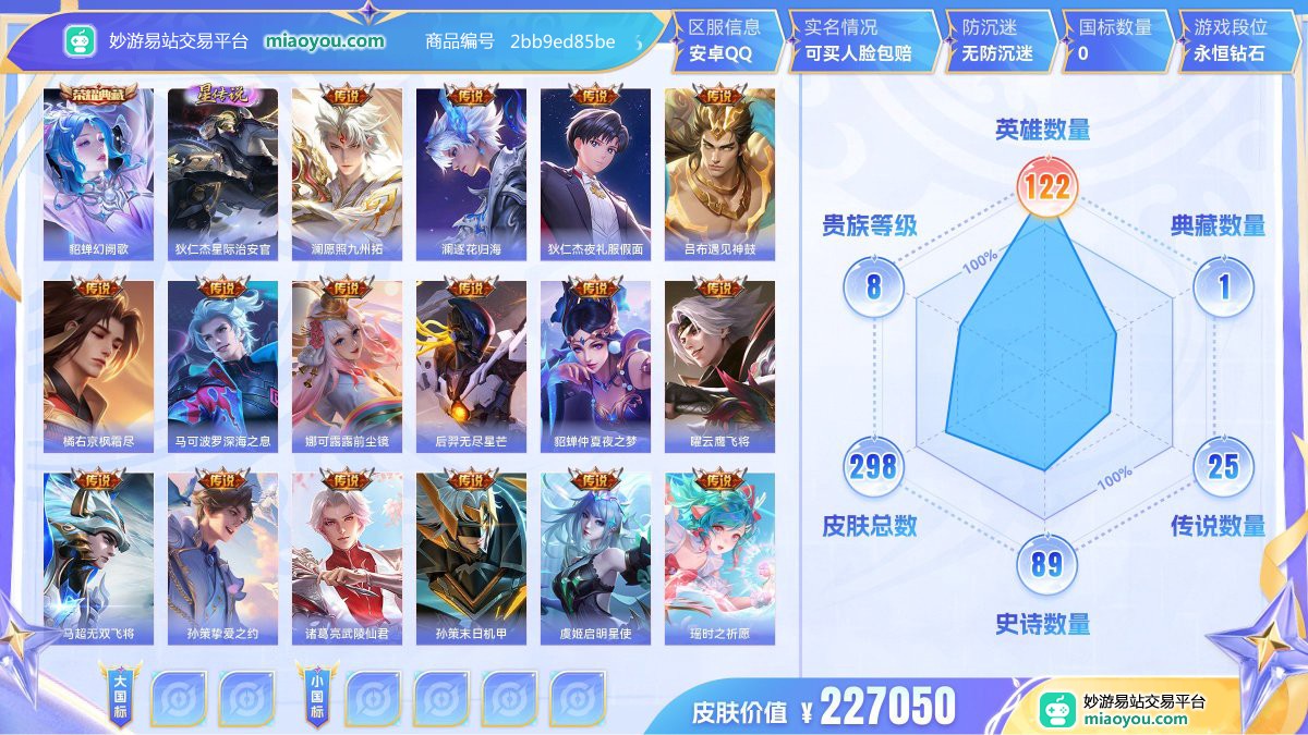 典藏1 星元1 传说25 史诗89 限定94 英雄122 皮肤298  稀有英雄9 贵族8级 皮肤价值:227050  
【荣耀典藏1】 貂蝉幻阙歌
【星元皮肤1】 狄仁杰星际治安官
【传说皮肤25】 澜愿照九州拓 澜逐花归海 狄仁杰夜礼服假面 吕布遇见神鼓 橘右京枫霜尽 马可波罗深海之息 娜可露露前尘镜 后羿无尽星芒 貂蝉仲夏夜之梦 曜云鹰飞将 马超无双飞将 孙策挚爱之约 诸葛亮武陵仙君 孙策末日机甲 虞姬启明星使 瑶时之祈愿 裴擒虎寅虎赤拳 鲁班七号寅虎瑞焰 狄仁杰超时空战士 李信一念