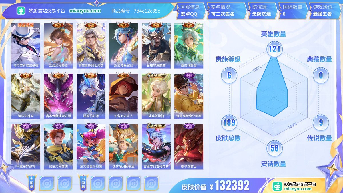 珍品传说1 传说9 史诗58 限定61 英雄121 皮肤189  稀有英雄8 贵族6级 皮肤价值:132392  
【珍品传说1】 马可波罗怪盗基德
【传说皮肤9】 云缨幻光神枪 司空震愿照山河定 赵云淬星耀世 吕布怒海麟威 桑启鸣野蒿 镜炽阳神光 宫本武藏地狱之眼 澜逐花归海 刘备时之恋人
【史诗皮肤58】 孙膑茶境仙 诸葛亮黄金分割率 牛魔星界战将 杨戬天秀启明 蔡文姬舞动绿茵 沈梦溪月团寄思 百里守约百相守梦 墨子龙骑士 百里守约特工魅影 嬴政优雅恋人 杨玉环遇见飞天 曹操幽灵船长 