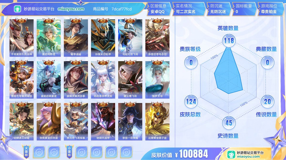 传说20 史诗45 限定40 英雄118 皮肤124  稀有英雄8 贵族0级 皮肤价值:100884  
【传说皮肤20】 干将莫邪久胜战神 桑启鸣野蒿 曜李逍遥 孙策末日机甲 马超无双飞将 孙悟空零号赤焰 鲁班七号寅虎瑞焰 虞姬启明星使 裴擒虎寅虎赤拳 孙尚香异界灵契 曜云鹰飞将 伽罗太华 貂蝉遇见胡旋 张良黄金白羊座 李元芳飞鸢探春 铠绛天战甲 李信一念神魔 达摩黄金狮子座 赵云淬星耀世 后羿黄金射手座
【史诗皮肤45】 妲己女仆咖啡 花木兰水晶猎龙者 甄姬冰雪圆舞曲 吕布圣诞狂欢 蒙犽
