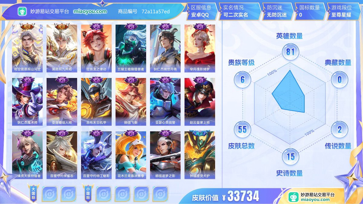传说2 史诗15 限定22 英雄81 皮肤55  稀有英雄6 贵族6级 皮肤价值:33734  
【传说皮肤2】 司空震愿照山河定 澜愿照九州拓
【史诗皮肤15】 狂铁龙之律动 兰陵王暗隐猎兽者 狄仁杰绮世丹青 芈月瑰影绮梦 狄仁杰魔术师 亚连糖绘人间 吕布末日机甲 韩信飞衡 亚瑟心灵战警 赵云皇家上将 裴擒虎天狼狩猎者 百里守约朱雀志 百里守约特工魅影 花木兰青春决赛季 韩信逐梦之影
【年限皮肤4】 司空震愿照山河定 澜愿照九州拓 韩信飞衡 百里守约朱雀志
【限定皮肤22】 狂铁龙之律
