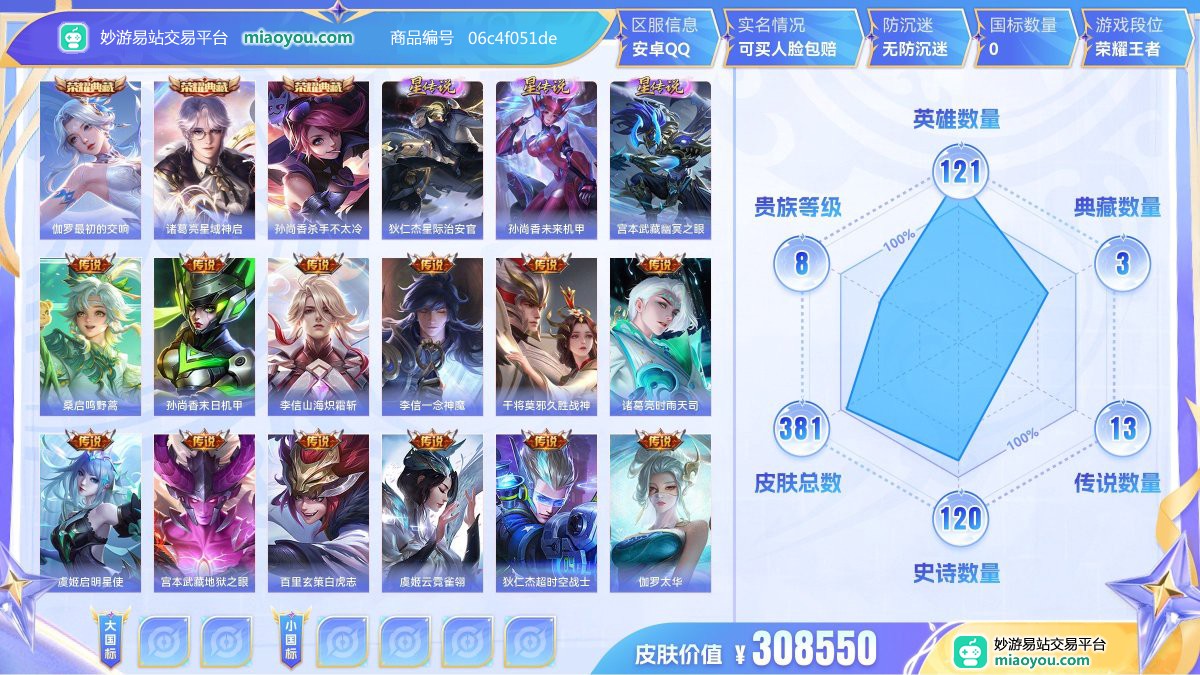 典藏3 星元3 传说13 史诗120 限定130 英雄121 皮肤381  稀有英雄8 贵族8级 皮肤价值:308550  
【荣耀典藏3】 伽罗最初的交响 诸葛亮星域神启 孙尚香杀手不太冷
【星元皮肤3】 狄仁杰星际治安官 孙尚香未来机甲 宫本武藏幽冥之眼
【传说皮肤13】 桑启鸣野蒿 孙尚香末日机甲 李信山海炽霜斩 李信一念神魔 干将莫邪久胜战神 诸葛亮时雨天司 虞姬启明星使 宫本武藏地狱之眼 百里玄策白虎志 虞姬云霓雀翎 狄仁杰超时空战士 伽罗太华 后羿黄金射手座
【史诗皮肤120