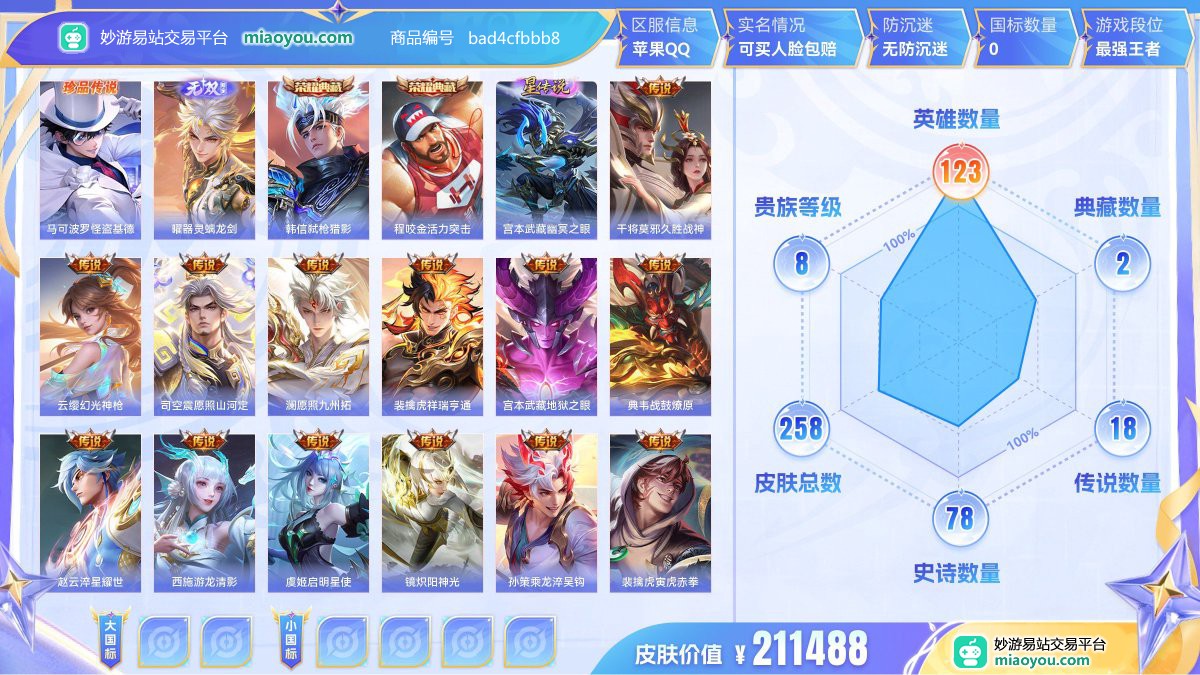 珍品传说1 无双1 典藏2 星元1 传说18 史诗78 限定85 英雄123 皮肤258  稀有英雄9 贵族8级 皮肤价值:211488  
【珍品传说1】 马可波罗怪盗基德
【无双皮肤1】 曜器灵螭龙剑
【荣耀典藏2】 韩信弑枪猎影 程咬金活力突击
【星元皮肤1】 宫本武藏幽冥之眼
【传说皮肤18】 干将莫邪久胜战神 云缨幻光神枪 司空震愿照山河定 澜愿照九州拓 裴擒虎祥瑞亨通 宫本武藏地狱之眼 典韦战鼓燎原 赵云淬星耀世 西施游龙清影 虞姬启明星使 镜炽阳神光 孙策乘龙淬吴钩 裴擒