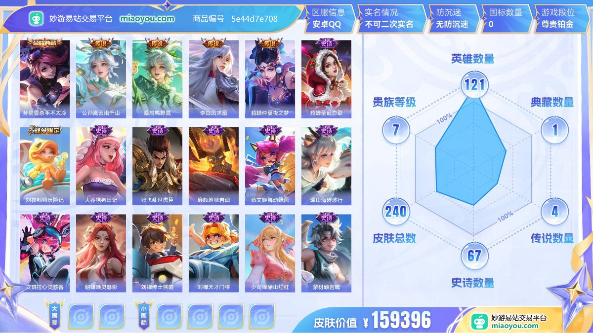 典藏1 传说4 史诗67 限定73 英雄121 皮肤240  稀有英雄8 贵族7级 皮肤价值:159396  
【荣耀典藏1】 孙尚香杀手不太冷
【传说皮肤4】 公孙离云诺千山 桑启鸣野蒿 李白凤求凰 貂蝉仲夏夜之梦
【史诗皮肤67】 貂蝉圣诞恋歌 刘禅鸭鸭历险记 大乔猫狗日记 张飞乱世虎臣 廉颇地狱岩魂 蔡文姬舞动绿茵 瑶山海碧波行 安琪拉心灵骇客 貂蝉唤灵魅影 刘禅绅士熊喵 刘禅天才门将 少司缘涂山红红 蒙犽顽岩魄 安琪拉时之奇旅 蔡文姬夏日便利店 伽罗箭羽风息 宫本武藏鬼剑武藏 姬小