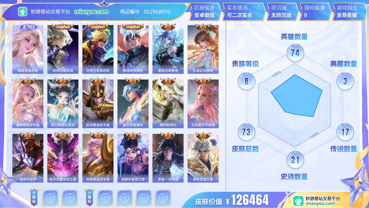 无双1 典藏3 传说17 史诗21 限定20 英雄74 皮肤73  稀有英雄6 贵族8级 皮肤价值:126464  
【无双皮肤1】 甄姬雪境奇遇
【荣耀典藏3】 铠银白咏叹调 孙悟空全息碎影 韩信弑枪猎影
【传说皮肤17】 虞姬启明星使 云缨幻光神枪 虞姬愿照岁时盈 妲己愿照众生和 后羿黄金射手座 赵云淬星耀世 镜炽阳神光 王昭君乞巧织情 铠绛天战甲 宫本武藏地狱之眼 张良黄金白羊座 貂蝉仲夏夜之梦 李信一念神魔 嬴政玄雷天君 典韦战鼓燎原 孙尚香音你闪耀 李白诗剑行
【史诗皮肤21】