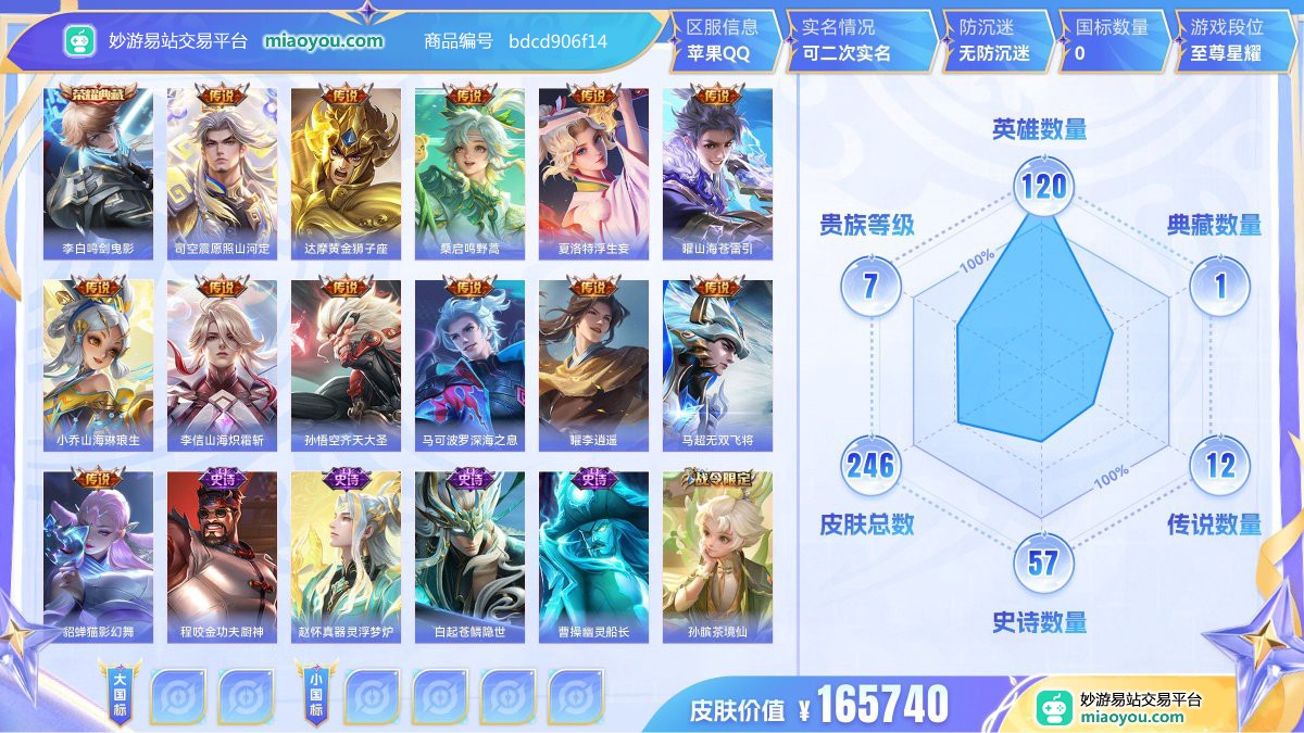 典藏1 传说12 史诗57 限定81 英雄120 皮肤246  稀有英雄8 贵族7级 皮肤价值:165740  
【荣耀典藏1】 李白鸣剑曳影
【传说皮肤12】 司空震愿照山河定 达摩黄金狮子座 桑启鸣野蒿 夏洛特浮生妄 曜山海苍雷引 小乔山海琳琅生 李信山海炽霜斩 孙悟空齐天大圣 马可波罗深海之息 曜李逍遥 马超无双飞将 貂蝉猫影幻舞
【史诗皮肤57】 程咬金功夫厨神 赵怀真器灵浮梦炉 白起苍鳞隐世 曹操幽灵船长 孙膑茶境仙 诸葛亮黄金分割率 弈星炽弈燎原 兰陵王暗隐猎兽者 亚连破空之剑