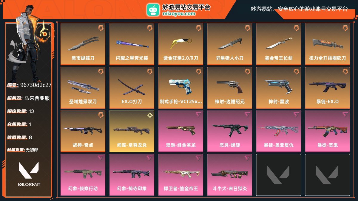 金牌，刀皮数量8，枪皮数量14（限定13,究极1,尊爵8）,库存价值：47500；近战武器-黑市蝴蝶刀，近战武器-闪耀之星荧光棒，近战武器-紫金狂潮2.0爪刀，近战武器-异星猎人小刀，近战武器-鎏金帝王长剑，近战武器-扭力全开线圈砍刀，近战武器-圣域煌景双刀，近战武器-EX.O打刀，制式手枪-VCT25xLEV，神射-边陲纪元，神射-黑波，暴徒-EX.O，战神-奇点，间谍-至尊龙炎，鬼魅-绯金圣龙，恶灵-螺旋，暴徒-盖亚复仇，暴徒-恶鬼，幻象-侦察行动，幻象-掠夺印象，捍卫者-鎏金帝王，斗牛犬-