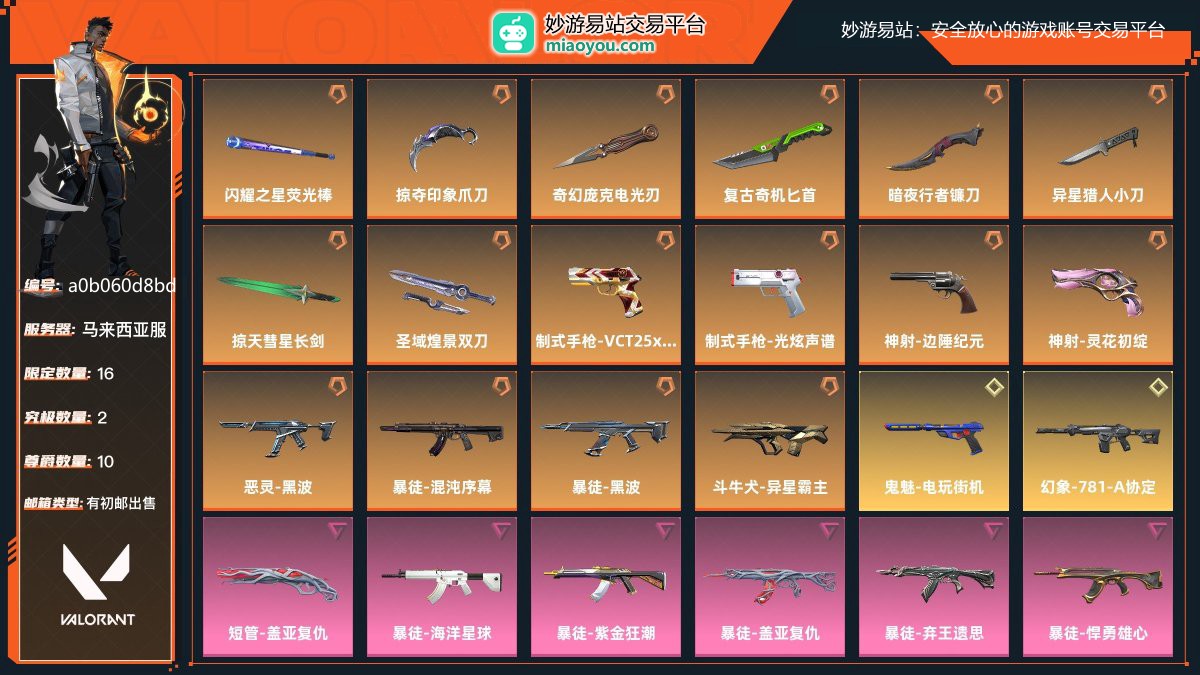 金牌，刀皮数量8，枪皮数量20（限定16,究极2,尊爵10）,库存价值：59100；近战武器-闪耀之星荧光棒，近战武器-掠夺印象爪刀，近战武器-奇幻庞克电光刃，近战武器-复古奇机匕首，近战武器-暗夜行者镰刀，近战武器-异星猎人小刀，近战武器-掠天彗星长剑，近战武器-圣域煌景双刀，制式手枪-VCT25xEDG，制式手枪-光炫声谱，神射-边陲纪元，神射-灵花初绽，恶灵-黑波，暴徒-混沌序幕，暴徒-黑波，斗牛犬-异星霸主，鬼魅-电玩街机，幻象-781-A协定，短管-盖亚复仇，暴徒-海洋星球，暴徒-紫金
