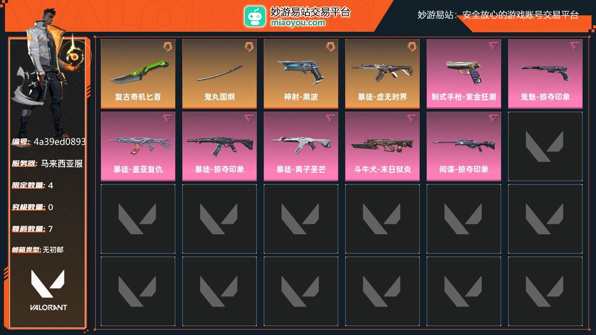 无段位，刀皮数量2，枪皮数量9（限定4,究极0,尊爵7）,库存价值：22325；近战武器-复古奇机匕首，近战武器-鬼丸国纲，神射-黑波，暴徒-虚无时界，制式手枪-紫金狂潮，鬼魅-掠夺印象，暴徒-盖亚复仇，暴徒-掠夺印象，暴徒-离子圣芒，斗牛犬-末日狱炎，间谍-掠夺印象， 详情看图【马来西亚服】【无初邮】【官方截图】