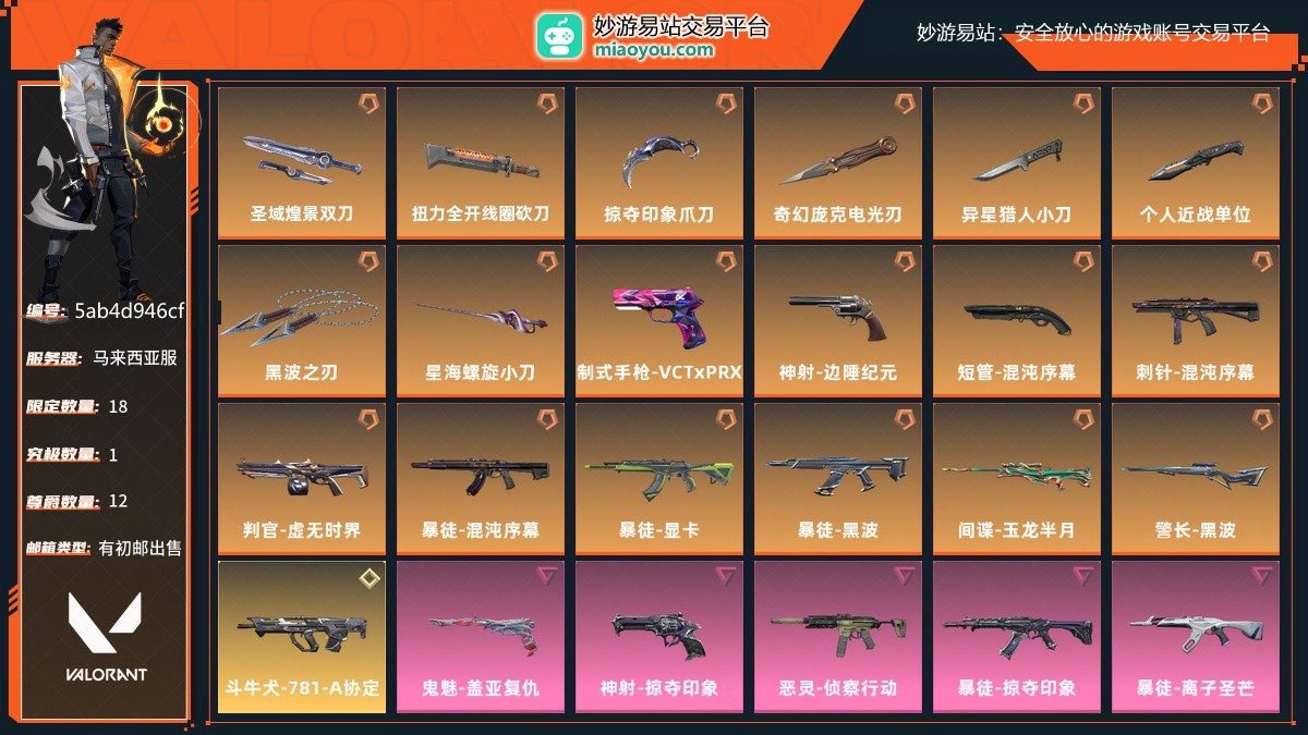 近战武器-圣域煌景双刀,近战武器-扭力全开线圈砍刀,近战武器-掠夺印象爪刀,近战武器-奇幻庞克电光刃,近战武器-异星猎人小刀,近战武器-个人近战单位,近战武器-黑波之刃,近战武器-星海螺旋小刀,制式手枪-VCTxPRX,神射-边陲纪元,短管-混沌序幕,刺针-混沌序幕,判官-虚无时界,暴徒-混沌序幕,暴徒-显卡,暴徒-黑波,间谍-玉龙半月,警长-黑波,斗牛犬-781-A协定,鬼魅-盖亚复仇,神射-掠夺印象,恶灵-侦察行动,暴徒-掠夺印象,暴徒-离子圣芒,幻象-侦察行动,幻象-鎏金帝王,捍卫者-鎏金