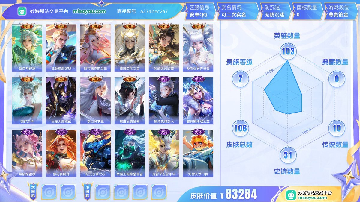 传说10 史诗31 限定54 英雄103 皮肤106  稀有英雄3 贵族7级 皮肤价值:83284  
【传说皮肤10】 桑启鸣野蒿 亚瑟追逃游戏 娜可露露前尘镜 露娜启示之音 貂蝉遇见胡旋 孙尚香异界灵契 伽罗太华 吕布天魔缭乱 李白凤求凰 虞姬云霓雀翎
【史诗皮肤31】 嬴政优雅恋人 雅典娜冰冠公主 嫦娥拒霜思 蒙犽百解令 赵云引擎之心 兰陵王暗隐猎兽者 鬼谷子五谷丰年 刘禅天才门将 裴擒虎天狼狩猎者 花木兰瑞麟志 苏烈玄武志 狄仁杰魔术师 金蝉唐三藏 甄姬女儿国国王 镜匿光追影者 小乔