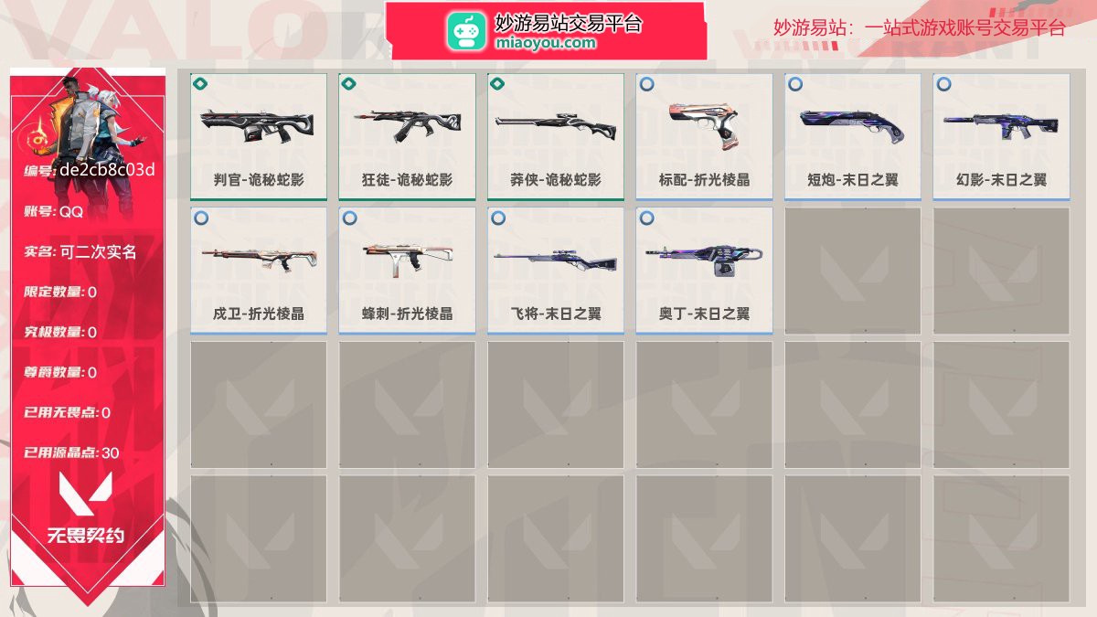 等级21 段位青铜II 枪皮数量10 已用源晶点数30,判官-诡秘蛇影 成卫-折光棱晶 狂徒-诡秘蛇影 蜂刺-折光棱晶 莽侠-诡秘蛇影 飞将-末日之翼 标配-折光棱晶 奥丁-末日之翼 短炮-末日之翼 幻影-末日之翼